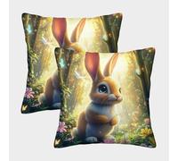 Scène de forêt de Lapin Mignon-Fantaisie Style d'art capricieux Housse Coussin 2 Pièces Available All Seasons Taie d'oreiller Décor Confortable Taies d'oreiller Salon pour Chambre Famille 45x45cm
