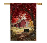 Scène de grange d'automne, drapeau de jardin, feuilles rouges et balançoire, bannière de décoration d'intérieur, toile de jute double face, décoration de pelouse pour l'automne, 71 x 101,6 cm