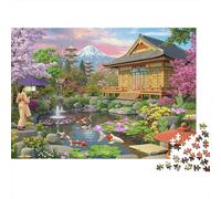 Scène de Jardin Japonais 1000 pièces Puzzle Difficile pour Adultes Vue de Jardin Japonais Serein de Cerisier et Koi Premium Robuste Haute qualité Stimulant soulagement du Stress 52x38cm/1000pcs