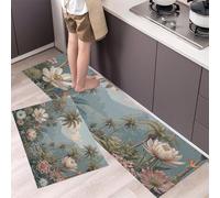 Scène De Jungle Végétale Lot De 2 Tapis Cuisine Antidérapants Lavables Pour Fleurs Tropicales Palmiers Couloir, Chambre À Coucher, Salle Bain Anti-Fatigue Pour Décoration Maison 43×75Cm+43×150Cm