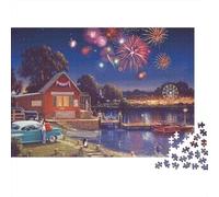 Scène de lac de Nuit de Feux d'artifice Set Puzzle 1000 Pièces pour Hobbyistes, Papier Épais, Décoration Intérieure, Cadeau Nouvel an, Relaxation Maison, Jeu Cérébral 52x38cm/1000pcs
