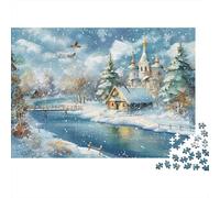 Scène de l'église d'hiver Puzzle 1000 Pièces, Deux Cerfs d'hiver dans la Neige de la forêt, Jeu éducatif, défi, activité relaxante, Cadeau pour Tous, 52x38cm