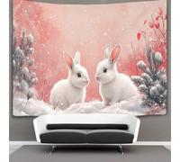 Scène de neige Tapisserie White Rabbit Playing in The Neige 3D Tenture Murales Décorations Pour La Maison Pour La Chambre 150cmx200cm