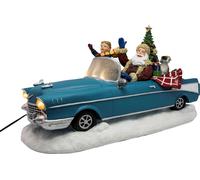 Scène de Noël LED "Père Noël en voiture ancienne" bleu - 38 cm / alimentation - Décoration de table avec mouvement sonore et éclairage multicolore