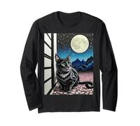 Scène de Nuit Chat Noir Fleur de Cerisier Lune Montagne Art Manche Longue