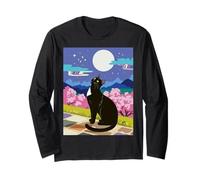 Scène de Nuit Chat Noir Fleur de Cerisier Lune Montagne Art Manche Longue