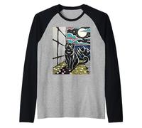 Scène de Nuit Chat Noir Fleur de Cerisier Lune Montagne Art Manche Raglan