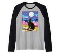 Scène de Nuit Chat Noir Fleur de Cerisier Lune Montagne Art Manche Raglan