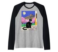 Scène de Nuit Chat Noir Fleur de Cerisier Lune Montagne Art Manche Raglan