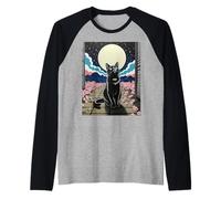 Scène de Nuit Chat Noir Fleur de Cerisier Lune Montagne Art Manche Raglan