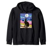 Scène de Nuit Chat Noir Fleur de Cerisier Lune Montagne Art Sweat à Capuche