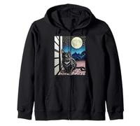 Scène de Nuit Chat Noir Fleur de Cerisier Lune Montagne Art Sweat à Capuche