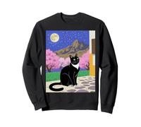 Scène de Nuit Chat Noir Fleur de Cerisier Lune Montagne Art Sweatshirt