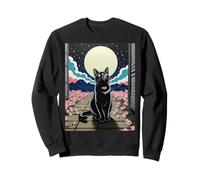 Scène de Nuit Chat Noir Fleur de Cerisier Lune Montagne Art Sweatshirt