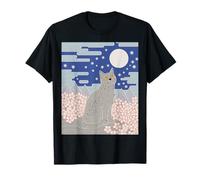 Scène de Nuit Chat Noir Fleur de Cerisier Lune Montagne Art T-Shirt