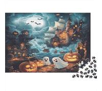 Scène de Nuit Halloween 1000 pièces Puzzle pour Adultes Petits fantômes Mignons scène de Port Halloween Effrayant Stimulant Premium Robuste Vibrant soulagement du Stress Cadeau déco 70x50cm/1000pcs