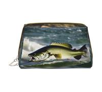 Scène de plage avec chaises imprimées, sac de maquillage en cuir petit pour sac à main, pochette cosmétique, pochette de toilette pour femme voyage, Bass Fishing Wave, One Size