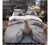 scène de Plage avec des Lions de mer 3D Imprimé Drap de Couette 3 pièces Microfibre éclair dissimulé Housse de Couette 2 taies inaltérable Adultes Couples Single（140x200cm）