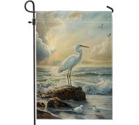 Scène de plage côtière, drapeau de jardin, héron blanc, drapeau de pelouse en plein air, art de cour nautique pour la maison, décoration double face 30,5 x 45,7 cm