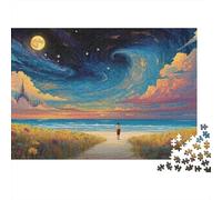 Scène de Plage étoilée sous Un Ciel étoilé, Puzzle de 1000 pièces en Carton 100% recyclé, représentant Une Plage étoilée au crépuscule. Illustration Unique de 70 x 50 cm.