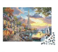 Scène de Rivière au Coucher de Soleil Parisien Papier Lourd Tour Eiffel à Paris avec rivière et Bateau Puzzle pour débutants Activité relaxante 70x50cm/1000 pièces