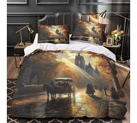scène de rue d'automne 3D Imprimé Housse de couette 3 pièces Microfibre architecture des églises victoriennes Drap de couette 2 taies anti-decoloration adolescents adultes Super king（260x220cm）