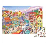 Scène de Rue de Village, Place de Ville colorée de Style Dessin animé, Puzzle de 1000 pièces pour Adultes, activité Amusante pour Les Jours de Pluie, 52 x 38 cm / 1000 pièces