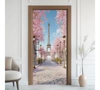 Scène de Rue Lampadaire Effet 3D Sticker Porte, Tour Eiffel Paris Papier Autocollant Porte Mural Décoration, Fleur de Pêche Printemps Stickers Muraux Amovible PVC 95x215 cm