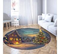 Scène de Village de Noël Tapis Rond Tapis d’Hiver lavables Tapis antidérapant avec Support en Caoutchouc Tapis de Sol Décor pour Salon Cuisine 140cm