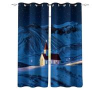 Scène d'hiver Rideau Occultant 3D Mountain Neige Église Isolation Protection UV Thermique avec Oeillets Draperies pour Aux Familles Hôtels Maisons de Location 2 Panneaux L140 x H260 CM