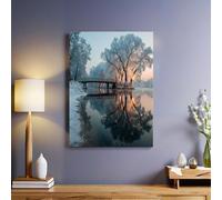 Scène D'Hiver Toile murale Pont en bois au-dessus du lac 40x30 cm Tableau décoratif imprimé haute définition Cadre bois élégant Décoration murale pour salon chambre cuisine bureau