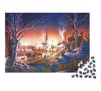 Scène du Village d'hiver Puzzle 1000 Pièces, Village d'hiver avec église la Nuit, Jeu éducatif, défi, activité familiale, Cadeau pour Tous, 52x38cm