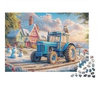 Scène du Village d'hiver Puzzle 1000 Pièces Vintage Tracteur Art Style Puzzle en Carton De Qualité, Jeu Calme Et Stimulant pour Adultes Et Moments en Famille 38x26cm/1000pcs
