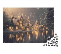 Scène du Village d'hiver Puzzles 1000 Pièces, Village d'hiver avec église la Nuit, Jeu de création et logique, activité familiale, Cadeau d'anniversaire, 70x50cm