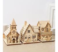 Scène en bois pré-éclairée avec décoration de Noël d'église Illuminé avec des lumières LED, décorations de Noël en bois LED, lot de 3 maisons de village de Noël avec neige et LED