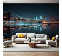 ScèNe Nocturne de New York Wallpaper Papier Peint Panoramique Pont de Brooklyn Intissé Photo Mural 400x280 cm Moderne Poster Salon Chambre Mur de fond Chambre Enfants Bureau Décor Maison