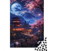 Scène Nocturne Sakura Puzzle 1000 Pièces Papier Puzzle pour Adultes Temple Vue de Lune Famille Relaxation Décoration 38x26cm/1000pcs