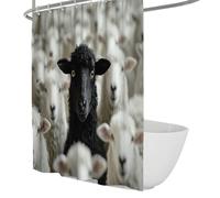 Scène pastorale d’animaux de la ferme Rideau de douche Un agneau sombre debout parmi un troupeau de moutons blancs Rideaux de douche Décor unique de salle de bain Polyester imperméable W120xL200 cm
