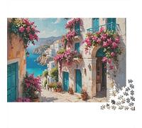 Scène Rue Méditerranéenne Puzzle 1000 Pièces pour Adultes Rue Côtière Charmante Bordée de Fleurs Vives Défiant Difficile Premium Robuste Vibrant Anti-Stress Jeu Familial 70x50cm/1000pcs