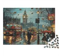 Scène Rue Pluvieuse Londres Puzzle Stimulation Mentale 1000 Pièces pour Adultes Rue Pluvieuse de Londres avec Bus Rouge et Piétons Premium Robuste Défiant Anti-Stress 38x26cm/1000pcs
