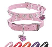 SCENEREAL Collier pour chat avec clochettes, collier en cuir avec patte cloutée, collier réglable pour chat garçon et fille, collier doux et mignon pour chaton, chiot, petit et grand chat, rose