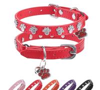 SCENEREAL Collier pour chat avec clochettes, collier en cuir avec patte cloutée, collier réglable pour chat garçon et fille, collier doux et mignon pour chaton, chiot, petit et grand chat, rouge