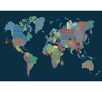 Scenolia Tableau en Verre Acrylique Carte du Monde Blue World 130 x 90 cm - Décoration Vintage Murale - Map Monde Batiments célèbres - Pose Facile et Qualité HD