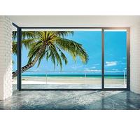 Scenolia Tapisserie Toile Textile Plage Paradisiaque et Cocotier 4 x 2,70m - Décoration Murale Effet Trompe l'Œil