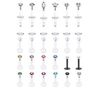 SCERRING Lot de 30 anneaux de lèvre en Bioflex en acrylique flexible pour labret Monroe Lèvre Tragus Helix Boucles d'oreilles à tige 8 mm, Acrylique Cristal, Zircone cubique,