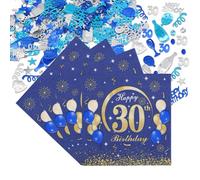 Scettar 50 Pièces Decoration Anniversaire Ans Serviettes Avec Des Confettis De Joyeux Anniversaire, 33x33cm Bleu-or Serviette Papier Anniversaire Pour Les Fêtes D’anniversaire Décoration (30 Ans)