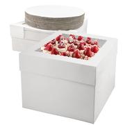 Scettar Lot de 18 boîtes de transport à gâteau blanches avec fenêtre et planches à gâteau rondes - 25 x 25 x 20 cm - Pour gâteaux, cupcakes, fêtes et anniversaires - Boîtes en carton robustes de 350 g