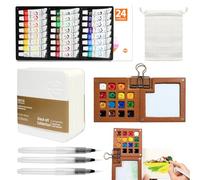 Scettar Mini Kit de Peinture Aquarelle de Voyage,15 Grids Bois Palette aquarelle,Peinture A-quarelle 24 Couleurs avec Stylo,avec Carnet A-quarelle et Clip