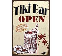 Schatzmix Tiki Bar Open Hawaii Plaque Murale en métal Motif Fleurs 20 x 30 cm
