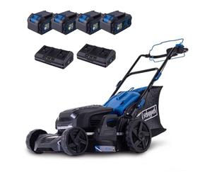 Scheppach BC-MP470-X Tondeuse à Gazon sans Fil 4 Batteries et 2 chargeurs | Largeur de coupe de 47 cm | Jardins de 900 m² | Sac d'herbe de 75L - | Avec 4 batteries 20 V 4 Ah et 2 chargeurs de 4,5 Ah